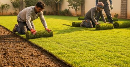 Natural grass dealers installing high-quality lawn turf for residential landscaping