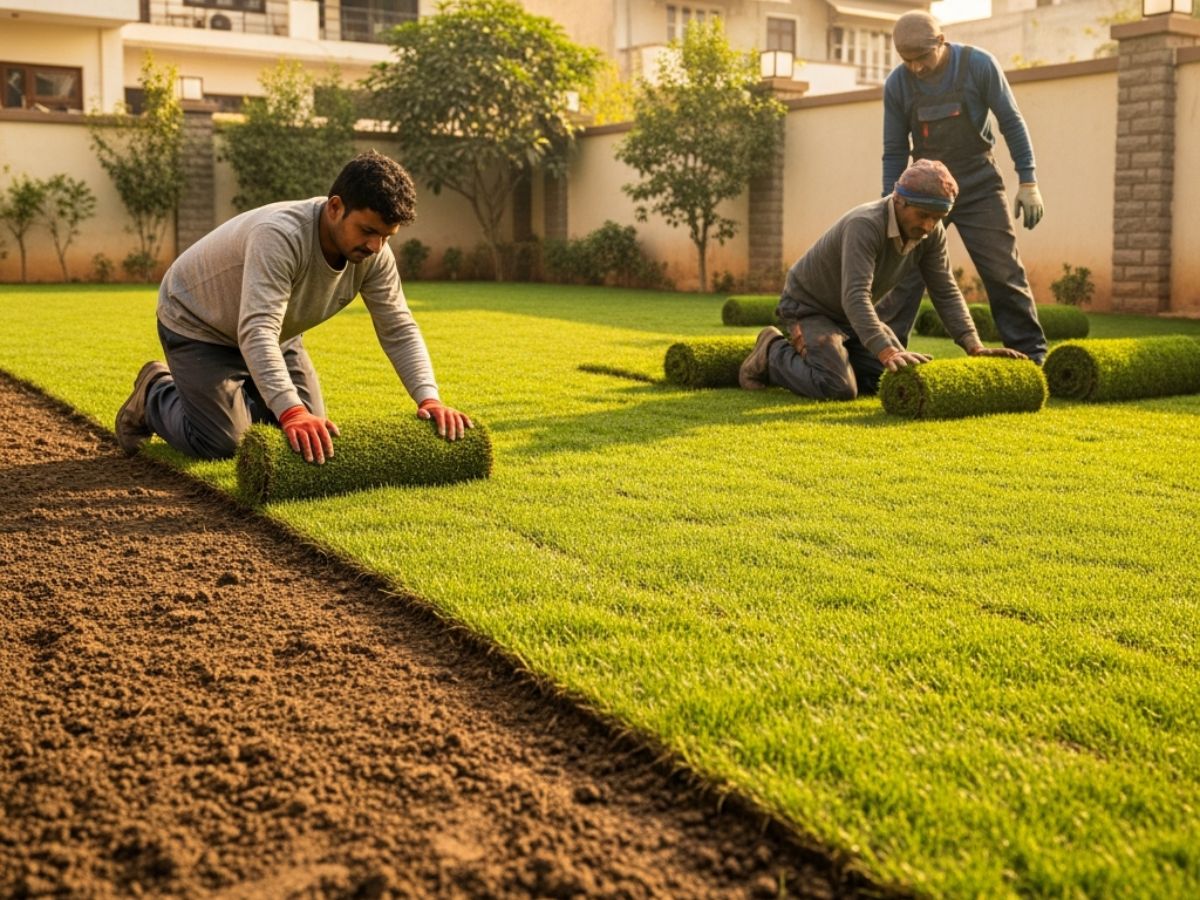 Natural grass dealers installing high-quality lawn turf for residential landscaping