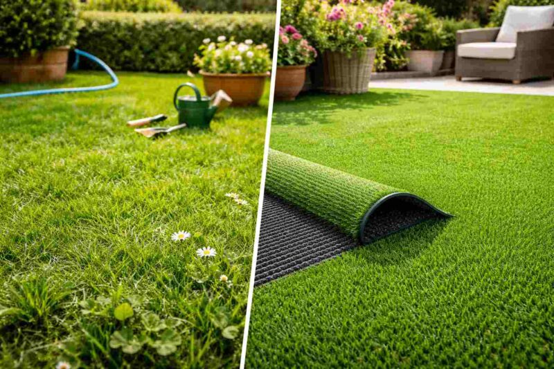 Natural grass vs artificial grass comparison in a Delhi home garden